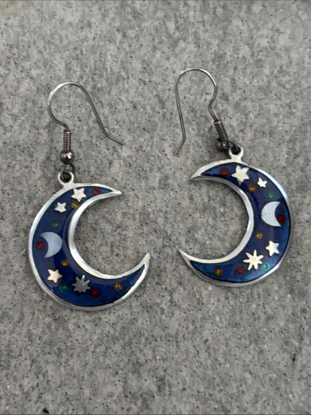 Vintage 1970s Blue Enamel MOP Mother of Pearl Crescent Moon Star Dangle Earrings
